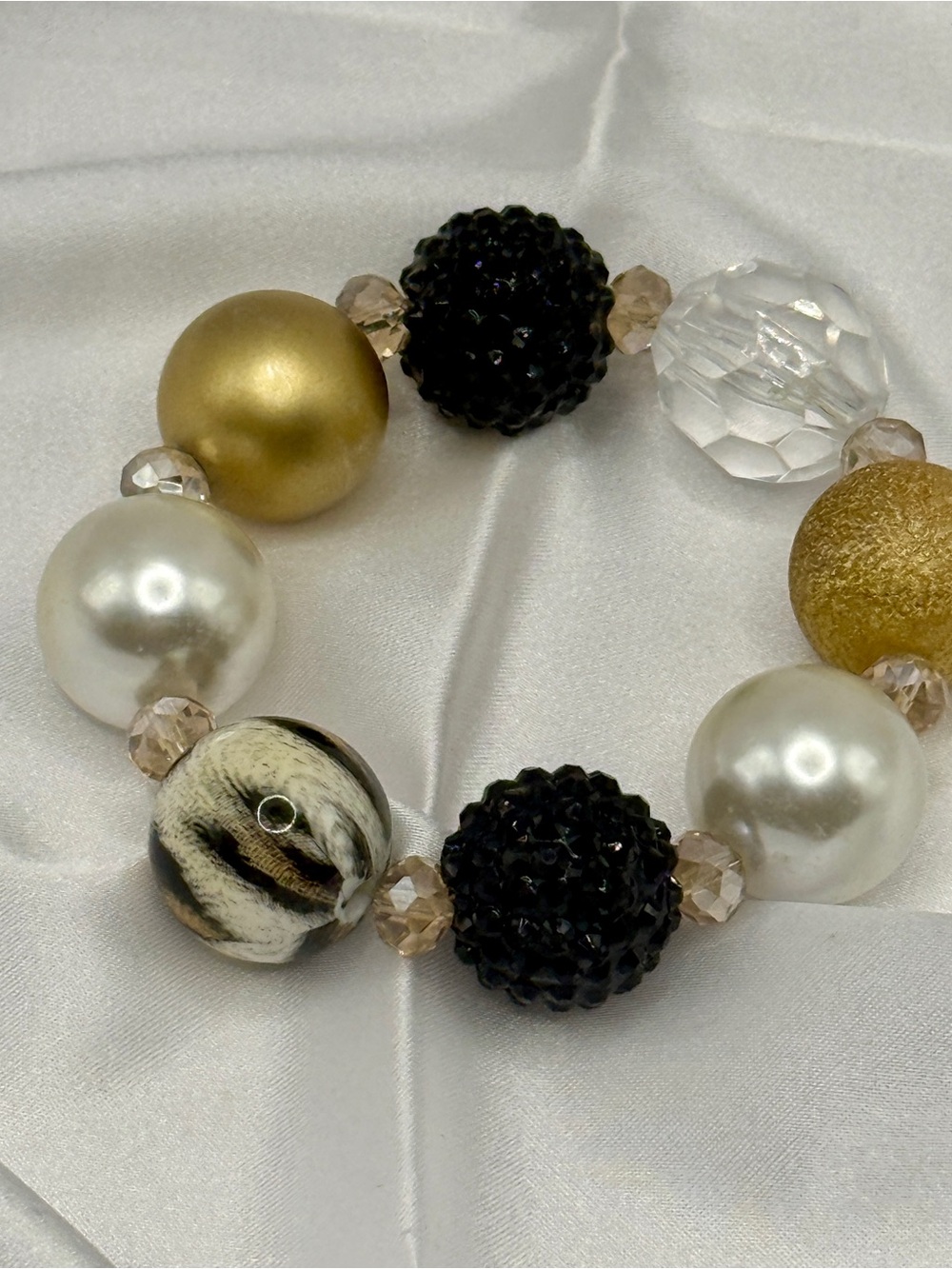 Handmade Black Gold Pearl Statement Beaded Stretch Bracelet 7.5”